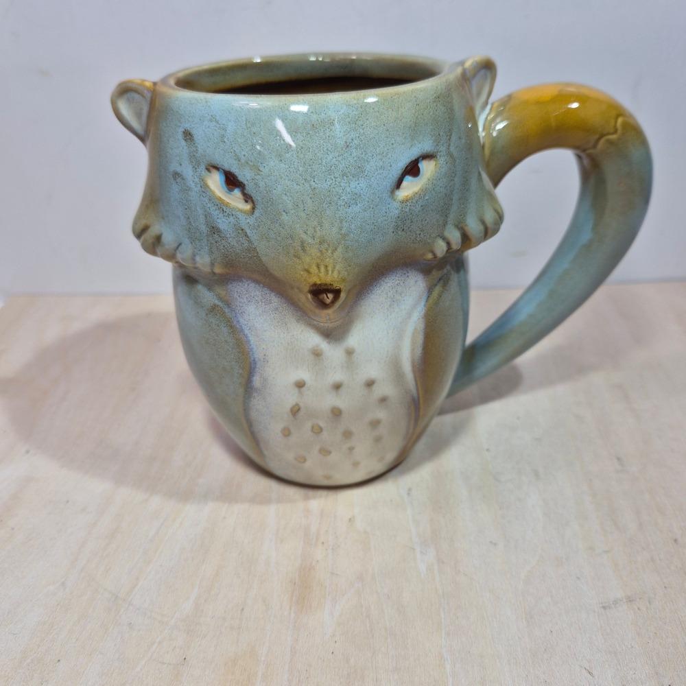 Pier 1 Imports Fox Mug Blue Brown Reactive Glaze Stoneware Sculpted Animal Cup